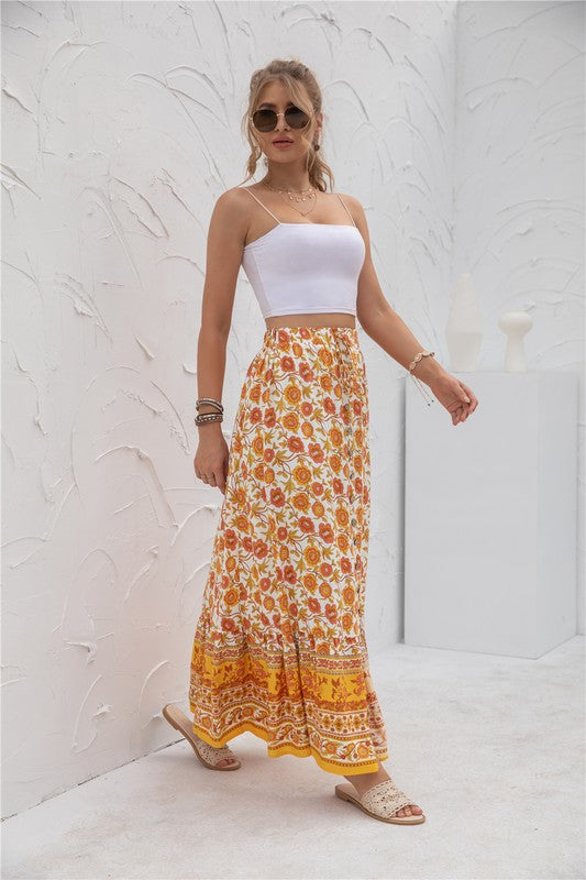 Floral Boarder Print Maxi Skirt