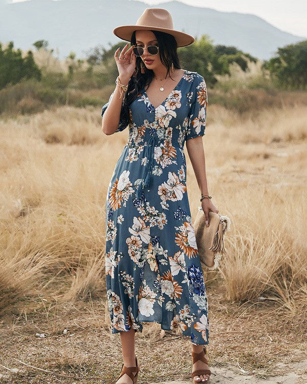Women Short Sleeve Floral Maxi Dress