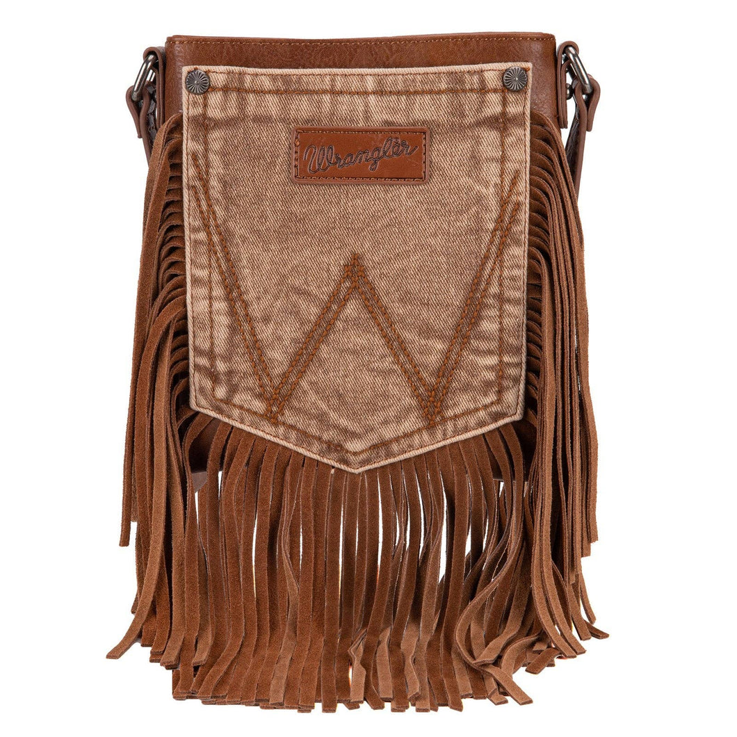 Wrangler Leather Fringe Jean Denim Pocket Crossbody