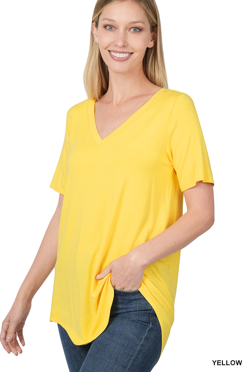 Luxe Rayon Short Sleeve V-Neck Hi-Low Hem