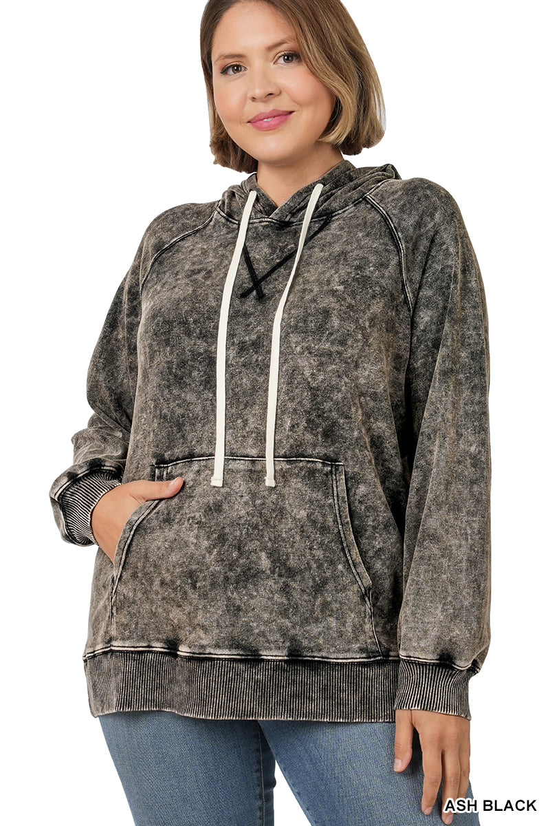 Acid Wash Raglan Sleeve Hoodie with Pocket